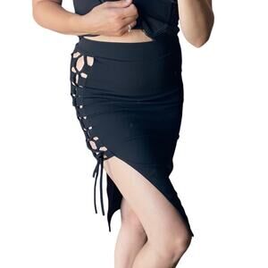 Windsor S Black Open Lace Up Side High Rise Midi Pencil Skirt